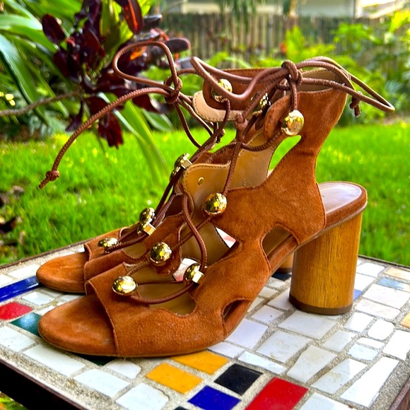 Rebecca Minkoff Shoes - Rebecca Minkoff suede lace up open toe chunky wood column heels